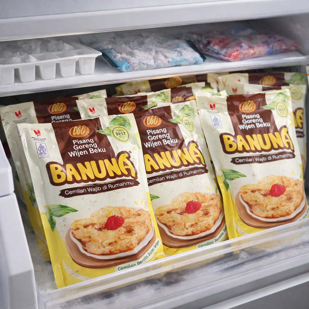 Banuna Pisang Goreng Wijen Beku tersusun di dalam freezer